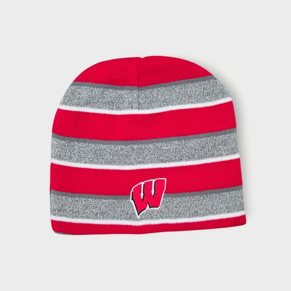 Reversible Wisconsin Badgers Mens Unisex OSFA Black Striped Beanie Hat Graphic - Picture 1 of 4